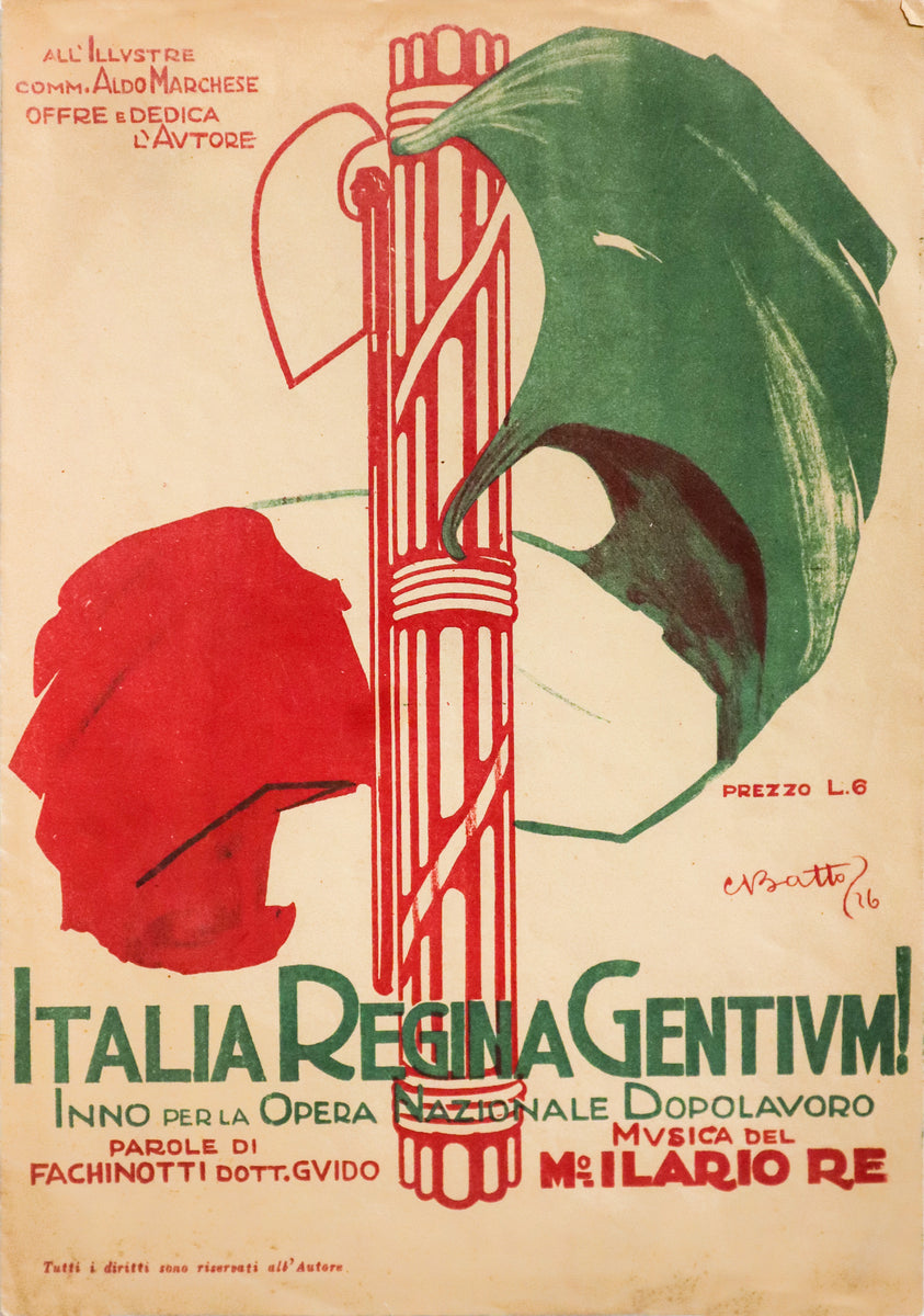 1916 Original Italian Music Sheet, Italia Regina Gentium - Batto