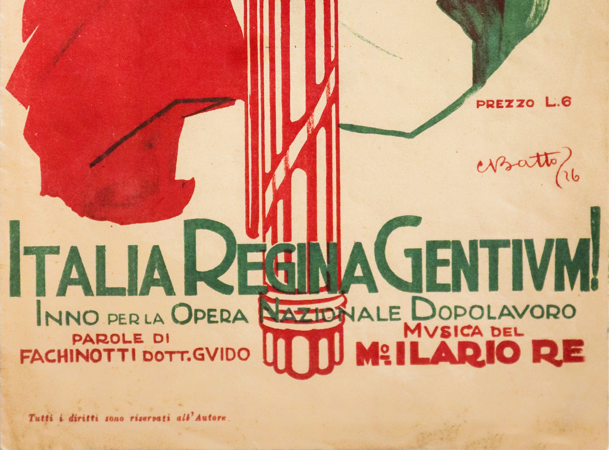1916 Original Italian Music Sheet, Italia Regina Gentium - Batto