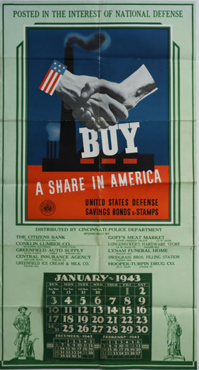 1943 American WW2 Poster - "Buy a Share in America" and calendar, John Atherton