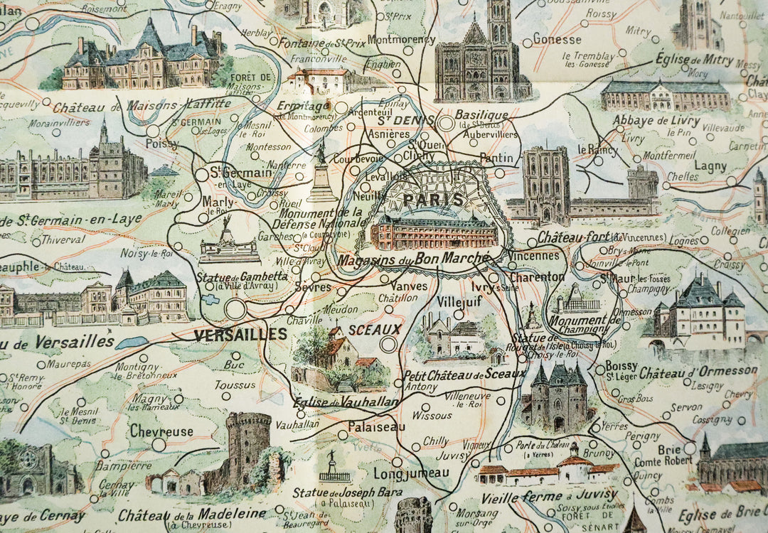 1900s Vintage French Map of Parisian Monuments + Attractions