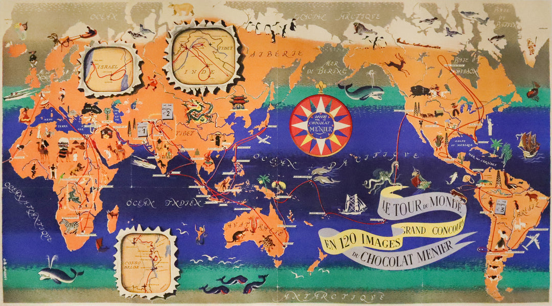 1956 French World Map Poster - Chocolat Menier, Le tour du monde