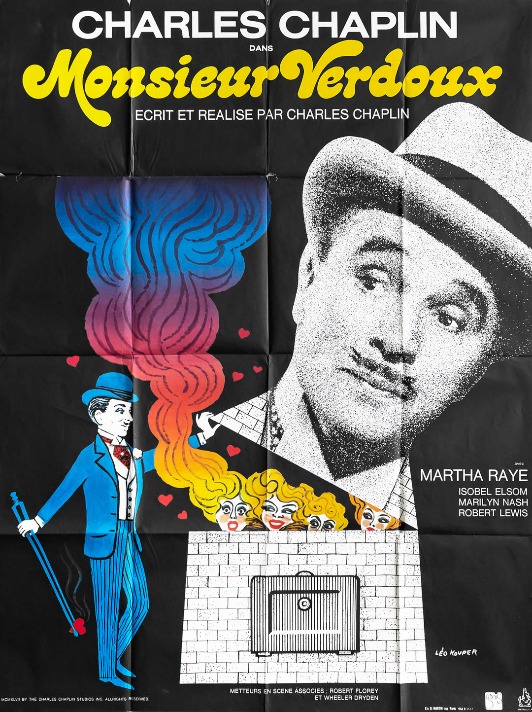 1970s Vintage French Movie Poster, Charlie Chaplin in Monsieur