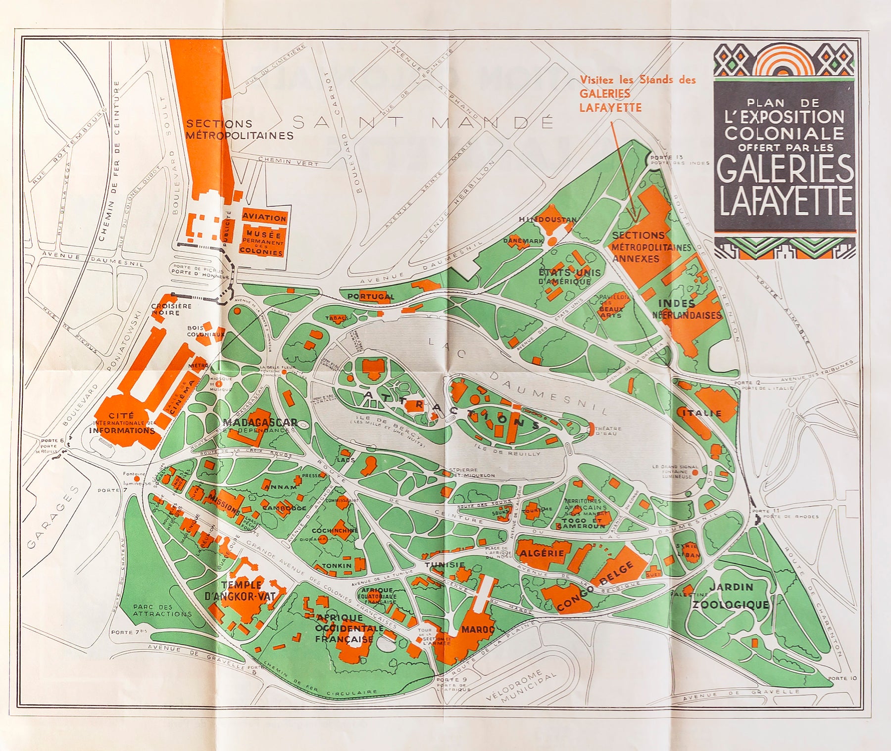 1931 Original Paris Map, Galerie Lafayette, Paris Colonial