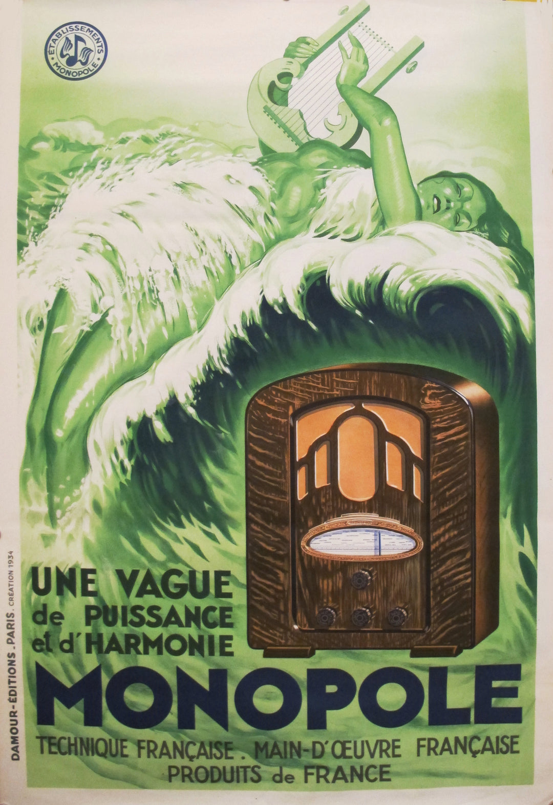 1934 Original French Art Deco Poster, Radio Monopole (unlined) – L