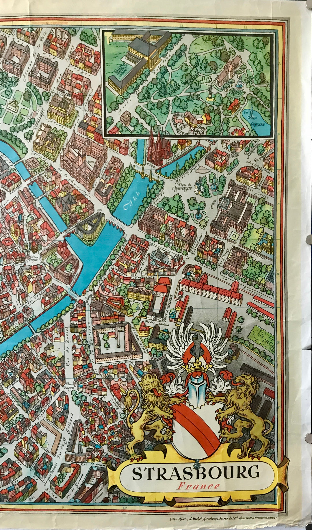 1950 Original French Travel Poster, Strasbourg (Map) – L'Affichiste