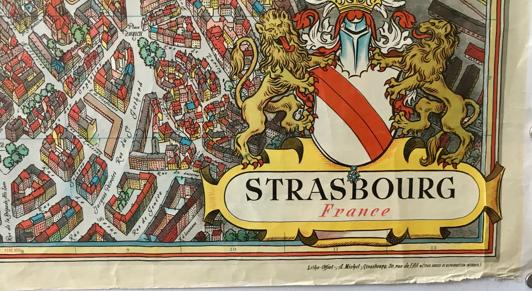 1950 Original French Travel Poster, Strasbourg (Map) – L'Affichiste